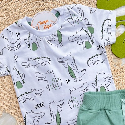 Conj. Camiseta Crocodilos e Bermuda - Branco e Verde 